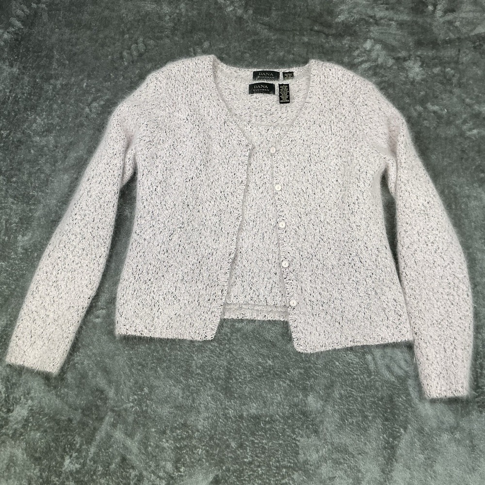 Dana Buchman Women's Angora Blend Sweater Set Pink/Gray Knit Cardigan M/L